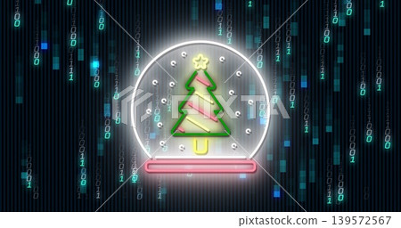 Glowing neon snow globe featuring green Christmas tree with pink ribbons in cyber backdrop Glowing neon snow globe featuring green Christmas tree with pink ribbons in cyber backdrop 139572567