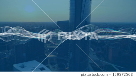 Highlighting reflective cylindrical skyscraper rising over downtown plaza, showing waveform overlay Highlighting reflective cylindrical skyscraper rising over downtown plaza, showing waveform overlay 139572568