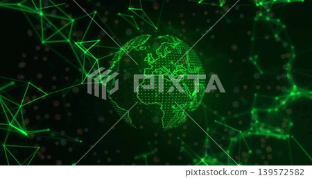Rotating glowing wireframe globe showing dotted continent mesh in virtual space, with green nodes 139572582