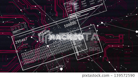 Showing central command overlay in circuit cyberspace, displaying HACKED label, keyboard grid, IDs Showing central command overlay in circuit cyberspace, displaying HACKED label, keyboard grid, IDs 139572590