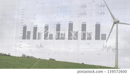 Overlaying transparent bar chart across cloudy sky above rural pasture, showing wind turbine tower 139572600