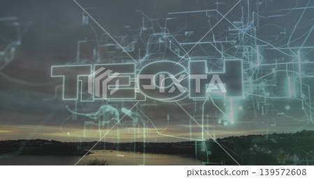Projecting translucent neon-outline TECH wordmark with holographic circuits across river at dusk Projecting translucent neon-outline TECH wordmark with holographic circuits across river at dusk 139572608