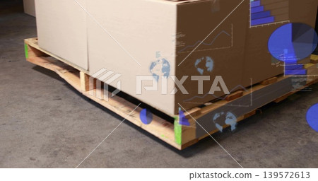Showing large stack of cardboard boxes on wooden pallet at warehouse with green tape, blue charts Showing large stack of cardboard boxes on wooden pallet at warehouse with green tape, blue charts 139572613