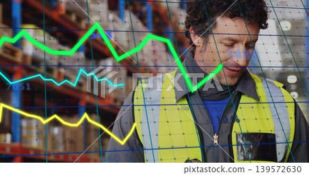 Inspecting warehouse worker scanning racks and boxes in aisle, wearing hi-vis vest ID-pocket charts Inspecting warehouse worker scanning racks and boxes in aisle, wearing hi-vis vest ID-pocket charts 139572630
