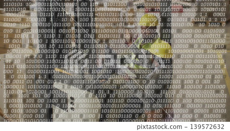 Walking adult man in transit concourse with binary overlay, high-visibility vests and hard hats Walking adult man in transit concourse with binary overlay, high-visibility vests and hard hats 139572632