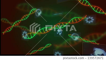 Displaying central DNA helix moving in biotech UI, with holographic globe gear monitor world map Displaying central DNA helix moving in biotech UI, with holographic globe gear monitor world map 139572671
