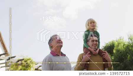Gazing granddad, dad carrying son on shoulders in garden, with knit sweater and graph -135 Gazing granddad, dad carrying son on shoulders in garden, with knit sweater and graph -135 139572715