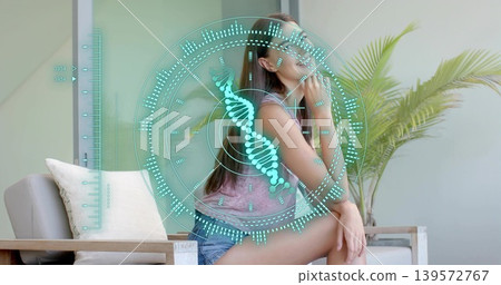 Sitting woman mauve tank denim shorts touching chin on wooden chair with DNA HUD, copy space Sitting woman mauve tank denim shorts touching chin on wooden chair with DNA HUD, copy space 139572767