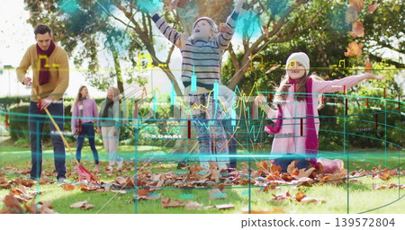 Playing children wearing knit hats and jackets jumping on sunlit lawn, man raking, AR overlay Playing children wearing knit hats and jackets jumping on sunlit lawn, man raking, AR overlay 139572804
