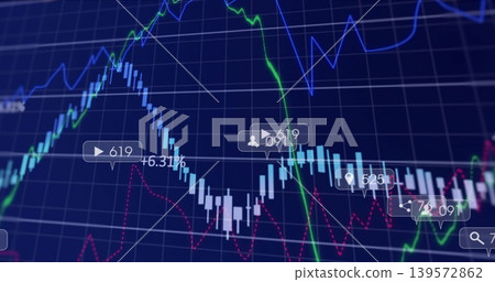 Showing candlestick chart with blue bars on trading screen showing trend lines grid bubbles +6 Showing candlestick chart with blue bars on trading screen showing trend lines grid bubbles +6 139572862