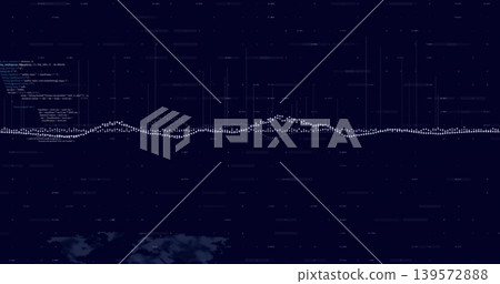 Displaying horizontal dotted waveform pulsing across dark navy data dashboard, with code block map Displaying horizontal dotted waveform pulsing across dark navy data dashboard, with code block map 139572888