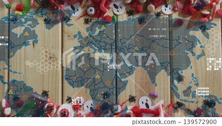 Overlaying translucent world map and HUD on wooden plank surface, framing candies, ghosts, spiders Overlaying translucent world map and HUD on wooden plank surface, framing candies, ghosts, spiders 139572900