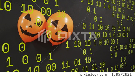 Floating two orange jack-o'-lantern latex balloons hovering on left wall, neon binary, copy space Floating two orange jack-o'-lantern latex balloons hovering on left wall, neon binary, copy space 139572921