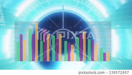 Displaying translucent panel showing colorful vertical bars on grid in HUD, with concentric rings Displaying translucent panel showing colorful vertical bars on grid in HUD, with concentric rings 139572937