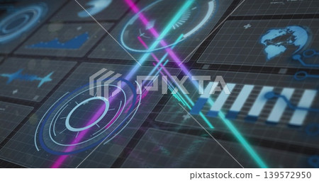 Displaying holographic HUD showing concentric rings, radial ticks on grid panel, neon beams, gauge Displaying holographic HUD showing concentric rings, radial ticks on grid panel, neon beams, gauge 139572950