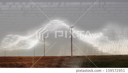 Center turbine nacelle blades standing on grassland under gray sky, binary waveform and lens flare Center turbine nacelle blades standing on grassland under gray sky, binary waveform and lens flare 139572951