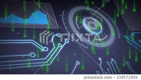 Displaying concentric HUD on dark grid, showing blue circuits, green binary and translucent chart 139572956