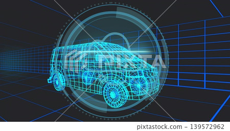 Displaying cyan wireframe passenger van model in dark virtual simulation, with HUD rings and grid 139572962