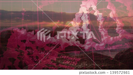 Floating translucent DNA-like helix crossing coastal sunset shoreline, blending with magenta grid Floating translucent DNA-like helix crossing coastal sunset shoreline, blending with magenta grid 139572981