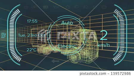 Displaying wireframe truck and trailer within virtual 3D grid, showing drive-mode selector Displaying wireframe truck and trailer within virtual 3D grid, showing drive-mode selector 139572986