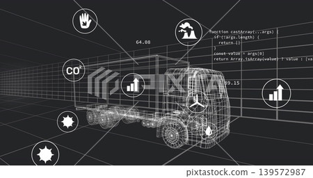 Displaying wireframe tractor-trailer model in virtual warehouse, showing CO2 badges and readouts Displaying wireframe tractor-trailer model in virtual warehouse, showing CO2 badges and readouts 139572987