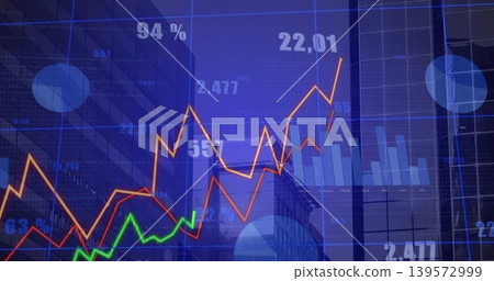 Displaying data dashboard over glass tower, showing orange red green lines, blue bars, percentages Displaying data dashboard over glass tower, showing orange red green lines, blue bars, percentages 139572999