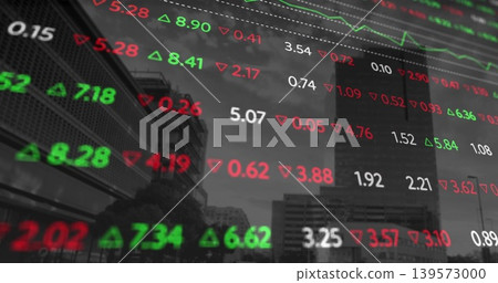 Displaying digital stock ticker overlay over downtown glass skyscrapers, showing green red arrows Displaying digital stock ticker overlay over downtown glass skyscrapers, showing green red arrows 139573000