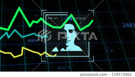Displaying pixel-art face avatar glowing inside detection box on HUD with neon waveform traces Displaying pixel-art face avatar glowing inside detection box on HUD with neon waveform traces 139573002