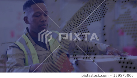 Handling warehouse worker wearing high-visibility vest packing white box on conveyor, mesh overlay Handling warehouse worker wearing high-visibility vest packing white box on conveyor, mesh overlay 139573003