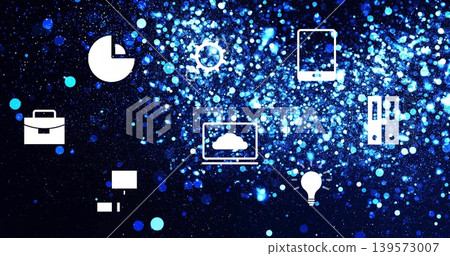 Displaying white tech and business icons floating over blue sparkling background, with laptop cloud Displaying white tech and business icons floating over blue sparkling background, with laptop cloud 139573007
