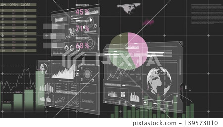Displaying clear dashboards floating over dark grid with globe pink-green pie, KPIs 45% 71% 68% 139573010