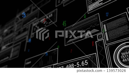 Displaying floating UI panels showing charts, code blocks, digits and circular gauge on dashboard Displaying floating UI panels showing charts, code blocks, digits and circular gauge on dashboard 139573026