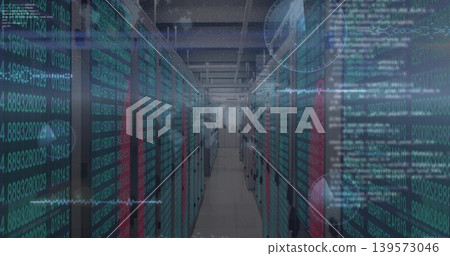 Showing central aisle of server racks with cable trays, teal LEDs, raised tiles and code overlays Showing central aisle of server racks with cable trays, teal LEDs, raised tiles and code overlays 139573046