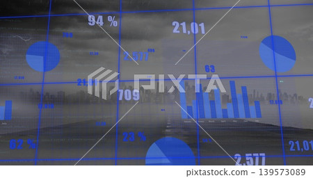 Displaying blue data overlay over harbor showing grid, pies, bars, numbers, pier, skyline, fog Displaying blue data overlay over harbor showing grid, pies, bars, numbers, pier, skyline, fog 139573089