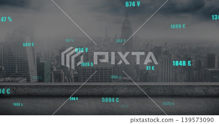 Showing city skyline with concrete ledge anchoring foreground, teal currency labels floating above Showing city skyline with concrete ledge anchoring foreground, teal currency labels floating above 139573090