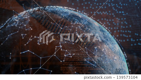 Showing holographic Earth globe in virtual space, displaying network nodes, hex grid, data streams Showing holographic Earth globe in virtual space, displaying network nodes, hex grid, data streams 139573104