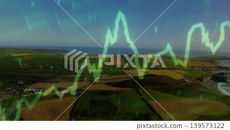 Overlaying neon-green jagged line graph tracing peaks across aerial coastal farmland with 71 marker Overlaying neon-green jagged line graph tracing peaks across aerial coastal farmland with 71 marker 139573122