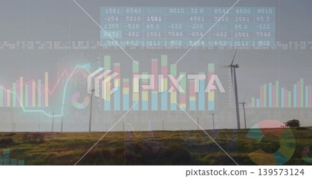 Rotating wind turbines showing chart overlays over rural wind farm, with grassy vegetation Rotating wind turbines showing chart overlays over rural wind farm, with grassy vegetation 139573124