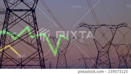 Framing steel lattice pylons, sagging wires and insulators at dusk, with green yellow overlays Framing steel lattice pylons, sagging wires and insulators at dusk, with green yellow overlays 139573125