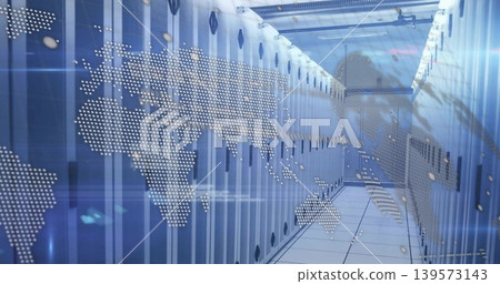 Showing central aisle with server racks and LED lights in data center, dotted world map overlay Showing central aisle with server racks and LED lights in data center, dotted world map overlay 139573143