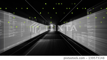Leading digital corridor drawing eye to bright vanishing point in data tunnel, with code panels Leading digital corridor drawing eye to bright vanishing point in data tunnel, with code panels 139573148