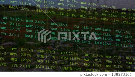Displaying translucent grid overlay covering grassy hillside, showing tickers and percent values Displaying translucent grid overlay covering grassy hillside, showing tickers and percent values 139573165