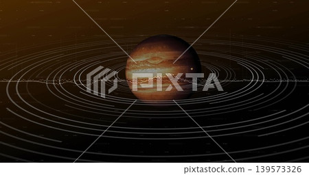 Displaying central gas giant rotating in deep space, showing bands, storm, rings, dotted belt, data Displaying central gas giant rotating in deep space, showing bands, storm, rings, dotted belt, data 139573326
