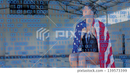 Sitting woman wrapping US flag over dark swimsuit on concrete step with binary code, copy space Sitting woman wrapping US flag over dark swimsuit on concrete step with binary code, copy space 139573399