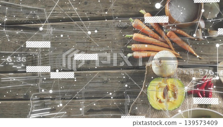 Displaying carrots with stems, halved avocado, egg, burlap, metal cup on wood tabletop with overlay Displaying carrots with stems, halved avocado, egg, burlap, metal cup on wood tabletop with overlay 139573409