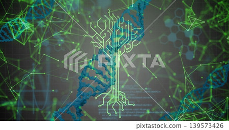 Presenting stylized blue DNA helix entwining neon-green circuit-tree at center, showing nodes, code Presenting stylized blue DNA helix entwining neon-green circuit-tree at center, showing nodes, code 139573426