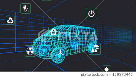 Rendering wireframe 3D van model within virtual grid tunnel, showing floating feature icons 139573445