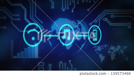 Displaying neon signal, music, phone icons linking by glow line over globe in tech UI circuits 139573466