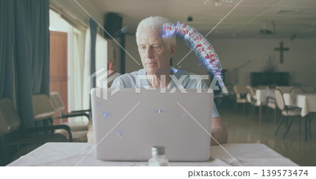 Sitting senior man using laptop at church hall table, in light polo, salt shaker, crucifix Sitting senior man using laptop at church hall table, in light polo, salt shaker, crucifix 139573474