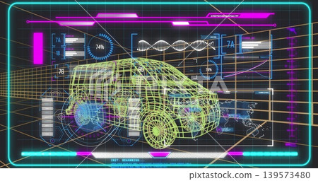 Displaying wireframe 3D SUV scanning on virtual HUD with wheel schematics, progress rings Displaying wireframe 3D SUV scanning on virtual HUD with wheel schematics, progress rings 139573480